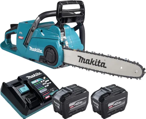 Makita UC 015 GE201 Akku Kettensäge 40 V mit 2x 8,0 Ah Akkus - Leistungsstarke Akku Kettensäge mit 35 cm Schwertlänge, perfekt für schnelles und effizientes Schneiden. Inklusive zwei Akkus und Ladegerät für längeren Einsatz.