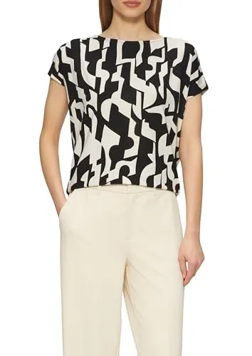 s.Oliver T-Shirt mit Markenlabel, Gr. 38 - BLACK AOP - Stylisches Damen-T-Shirt aus dehnbarem Jersey, ideal für legere und elegante Looks. Hoher Tragekomfort und taillenbedeckender Schnitt machen es zum perfekten Begleiter im Alltag.