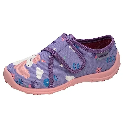 Fischer Boogy Hausschuh, Lila/Bunt, 35 EU - Wanderschuhe mit PVC Laufsohle, Einhorn Digitalprint und praktischem Klettverschluss für optimalen Halt und Komfort.