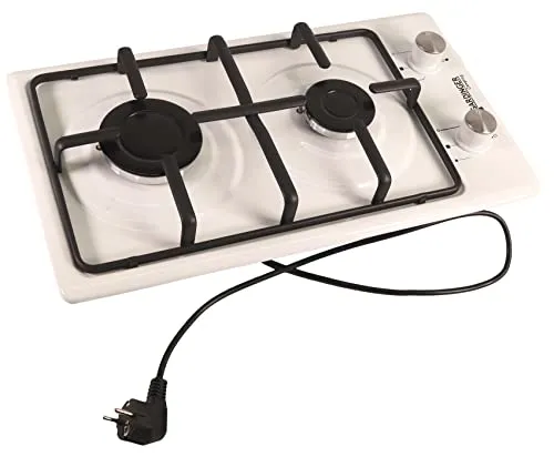 GARDINGER Haushaltskocher Prime weiß emailliert zweiflammig Propankocher Gaskocher Piezo (230 V) Zündsicherung Outdoorküche als Einbaugerät oder Standgerät