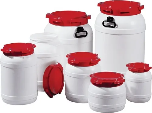 Weithalsfass 26,0l PE weiß m.rotem Deckel - Praktisches Weithalsfass für Spülen, luft- und wasserdicht mit lebensmittelrechtlicher Unbedenklichkeit, ideal für sichere Lagerung und Transport.