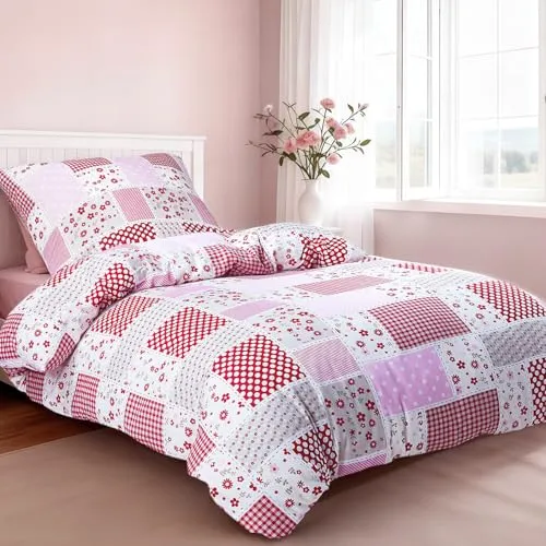 HENGWEITEXT HENGWEI Bettwäsche-Set 135x200 cm, 100% Baumwolle Oeko-TEX Zertifiziert, Atmungsaktiv & kuschelig, mit Reißverschluss Bettbezug 135x200 + Kissenbezug 80x80, Karierte Blumen, 95 g/m²