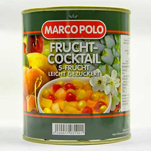 Food-United 5-Frucht-Cocktail leicht gezuckert - 820g - Fruchtmix aus Birnen, Pfirsichen, Weintrauben, Ananas und Kirschen, ideal für Desserts, Smoothies oder asiatische Gerichte. Vitamine und Geschmack bleiben durch schonende Verarbeitung erhalten.