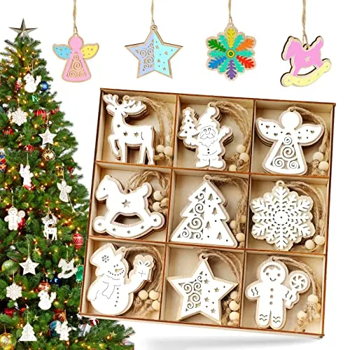 WEVOL Christbaumschmuck Holz, 27 Stück Weihnachtsbaumschmuck Personalisierter Set für Kinder, Weihnachtsbaum Weihnachtsdeko Holzanhänger Zum Bemalen Doppelschichtige Holzfarbe und Weiß Innen Aussen