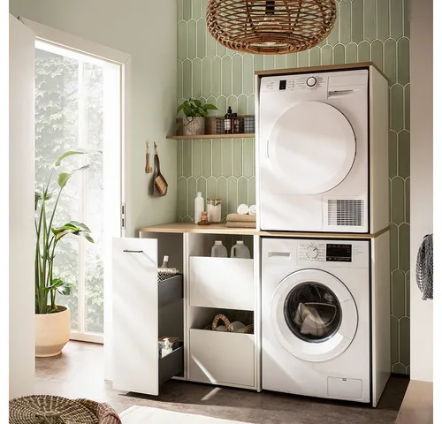 Waschmaschinen- und Trocknerschrank weiß - Modern und funktional - Praktischer Waschmaschinenschrank in Weiß, ideal für den Hauswirtschaftsraum. Mit Softclose-Türen und kompakter Bauweise für optimale Raumnutzung. Selbstmontage, 5 Teile im Set.