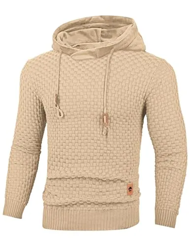 TARAINYA Pullover Herren Pulli Strickpullover Männer Winterpullove Langarm Warm Sweater mit Kapuze HellesKhaki 2XL
