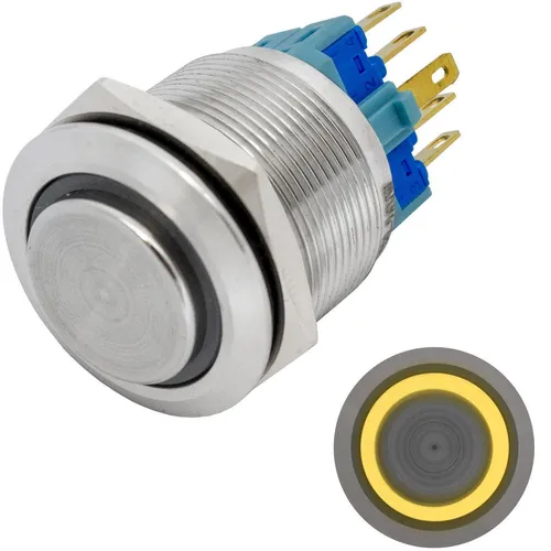 Edelstahl Drucktaster erhaben Ø22mm Ring LED Gelb IP65 2,8x0,5mm Pins 250V 3A Va