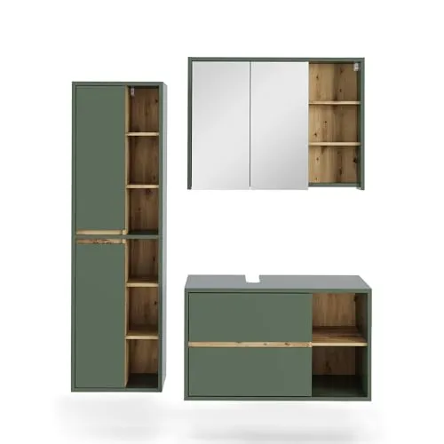 Vicco Badmöbel-Set Viola, Grün/Artisan, 3 Teile - Badmöbel-Set für eine stilvolle Badezimmergestaltung, inklusive geräumigem Waschbeckenunterschrank und praktischem Spiegelschrank, hochwertig und elegant.