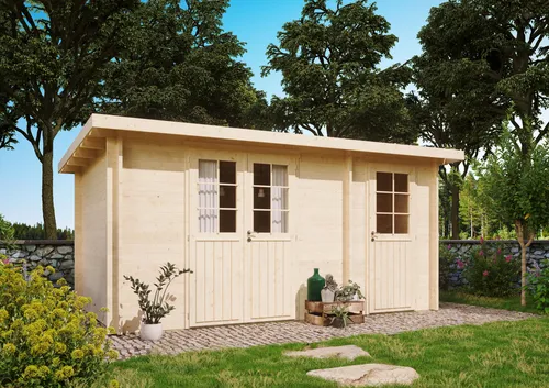 Fjordholz Gartenhaus Carin 44 B – Pultdach - Massives Gartenhaus aus 44mm nordischer Fichte, ideal für mehr Raumhöhe. Extra hohe Türen, robuste Bauweise und individuelle Farbwahl machen es zur perfekten Ergänzung für Ihren Garten.