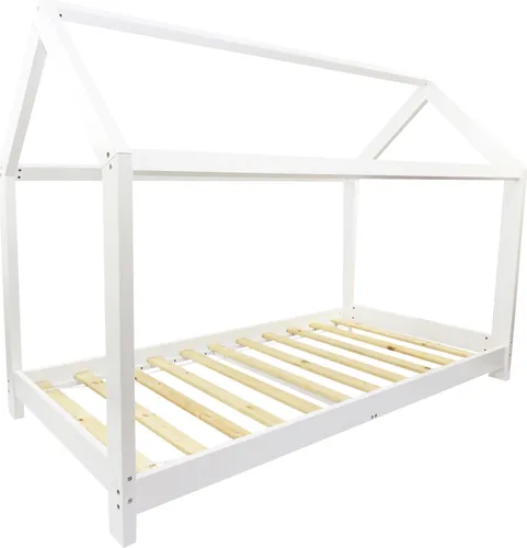 Puckdaddy Finn Hausbett 200x90 cm - Skandinavisches Kinderbett aus 100% Kiefernholz im Hausdesign mit Rolllattenrost, ideal für Kinder von 3-16 Jahren – sicher, pflegeleicht und perfekt für kreative Schlafabenteuer!