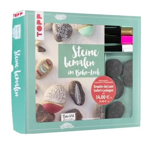 Kreativ-Set Steine bemalen im Boho-Stil. Buch mit einfachen Anleitungen (32 Seiten, 17 x 22 cm, Softcover) sowie 4 Acrylmalstiften und 4 Steinen Buch plus Material. Box 22,8 x 26,2 x 3,5 cm