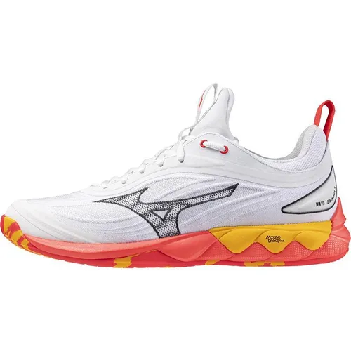 Mizuno WAVE LUMINOUS 3 - Unisex Volleyballschuh - Hochwertiger Hallenschuh in White/Fiery Coral/Citrus, bietet optimalen Halt und Dämpfung für Volleyballspieler, ideal für Training und Wettkampf.