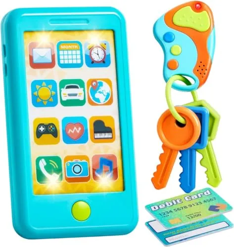 JOYIN Kleinkind Spielen Telefon, blau Spielzeug Telefon Set, Keyfob Schlüssel Spielzeug und Kreditkarten Set, Kinder Handy Spielzeug, Mädchen Jungen Geburtstag Geschenke für 1 2 3 Jahre alt