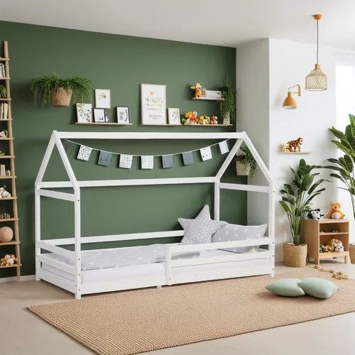 Homestyle4u 2385 Kinderbett Weiß 90x200cm - Skandinavisches Hausbett für Kinder mit Rausfallschutz und individueller Gestaltungsmöglichkeit. Stabile Konstruktion aus massivem Kiefernholz, ideal für Selbstständigkeit und Spielspaß im Kinderzimmer.