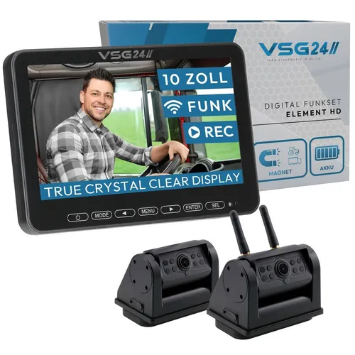 VSG24 10“ Element HD XL Funk Rückfahrsystem - Rückfahrkamera Set für Wohnmobile & LKW, kabellos mit Akku und Magnethalterung für einfache Montage. Ideal für sicheres Rangieren in unübersichtlichen Situationen.