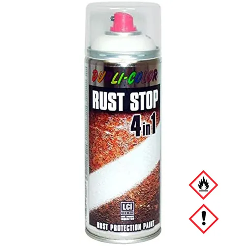 DUPLI-COLOR RUST STOP 400 ml RAL 9010 Reinweiß, seidenmatt, schnelltrocknend, Schutz vor Korrosion, hochdeckend, wetterfest, ideal für Metalloberflächen