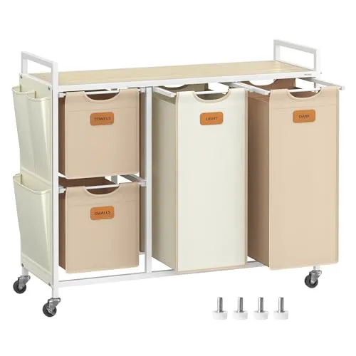 VASAGLE Wäschekorb, Wäschesammler, Wäschesortierer, Rollen, Wäschewagen mit Ablage, kleine seitliche Taschen, 6 Etiketten, 4 Fächer, 150 L, naturbeige-kamelbraun-cremeweiß BLH203N01