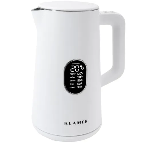 KLAMER Wasserkocher Edelstahl mit Temperatureinstellung - Wasserkocher mit 1,5L Fassungsvermögen, 1800W Leistung und 5 Temperatureinstellungen für perfekten Tee und Kaffee, BPA-frei und mit Warmhaltefunktion.