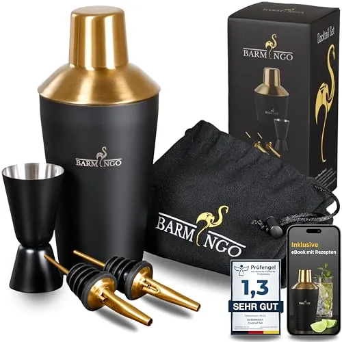BARMINGO Cocktail Shaker Set – 500ml Edelstahl Shaker mit Bar Zubehör - Cocktailshaker Set mit 5 Teilen, inklusive Rezeptbuch und 100% funktionsfähigem Shaker ohne Leckagen – ideal für Zuhause oder als Geschenk.