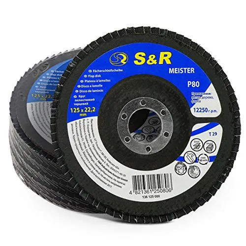 S&R Fächerschleifscheiben-Set 5-teilig für Winkelschleifer Körnung 80, 125 x 22,2 mm, Schleifscheiben, Lamellenscheiben, Schruppscheiben, Fächerscheiben, zum schleifen von Holz, Metall, Stahl