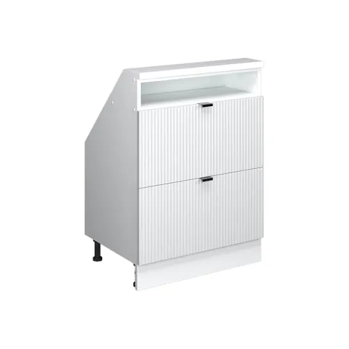 Vicco Dachschrägenschrank Weiß Riffel, 60 x 81,6 cm mit 2 Schubladen - Optimaler Dachschrägenschrank für effiziente Raumnutzung, ausgestattet mit 2 Schubladen und offenem Fach. Robuste Bauweise aus pflegeleichter Spanplatte, ideal für schrägen Raum. Maße: 60 x 46 x 81,6 cm.