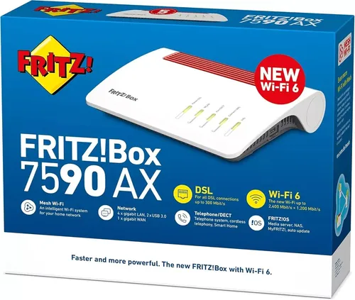 AVM FRITZ!Box 7590 AX International - Router mit vier Gigabit-LAN-Anschlüssen und 2 USB 3.0-Anschlüssen, ideal für Streaming und Multimedia-Anwendungen im Heimnetz.