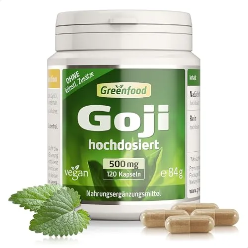 Goji Beere, hochdosiert, 500mg - 120 Kapseln, vegan. Reiner Goji Extrakt – reich an Eisen, Vitamin C & Carotin. OHNE künstliche Zusätze - laborgeprüft. Von Greenfood.