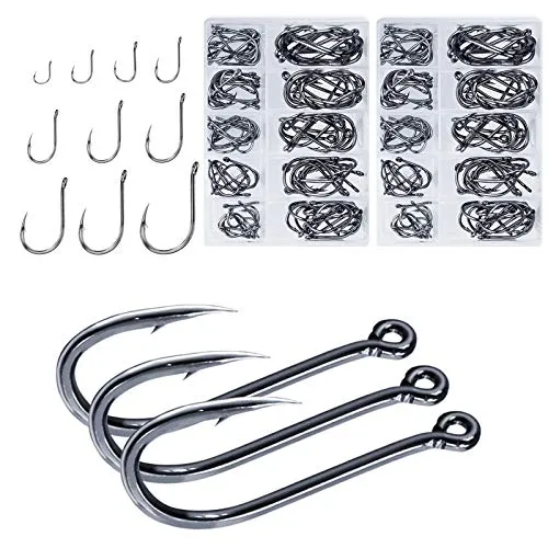 DHER 200 pcs Angeln Haken Angelzubehör Set Karpfen Haken Mit Kunststoff-Box Angelhaken 3#-12# Unterschiedlicher Größe Widerhaken Mit Löchern Kohlenstoffstahlmaterial Angeln Freizeit Unterhaltung