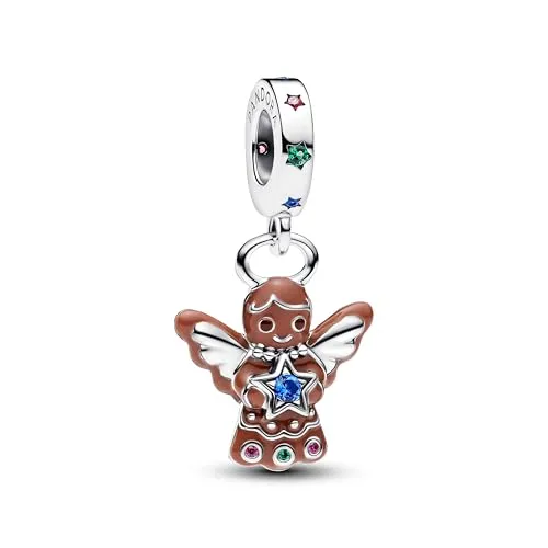 PANDORA Moments Lebkuchen-Engel Charm-Anhänger - Anhänger für Damen aus Sterling-Silber, handveredelt mit Zirkonia und künstlichem Kristall, ein süßer Weihnachtsfavorit und kompatibel mit Pandora Moments und ME Kollektion.