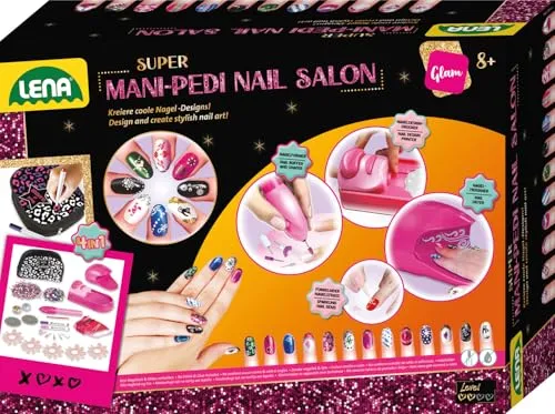 Lena® Kreativset Mani-Pedi Nail Salon bunt - Basteln und kreativ sein mit Nagelformer, künstlichen Nägeln und Nagel-Design-Drucker für einzigartige Nail Art. Ideal für Kinder ab 8 Jahren!