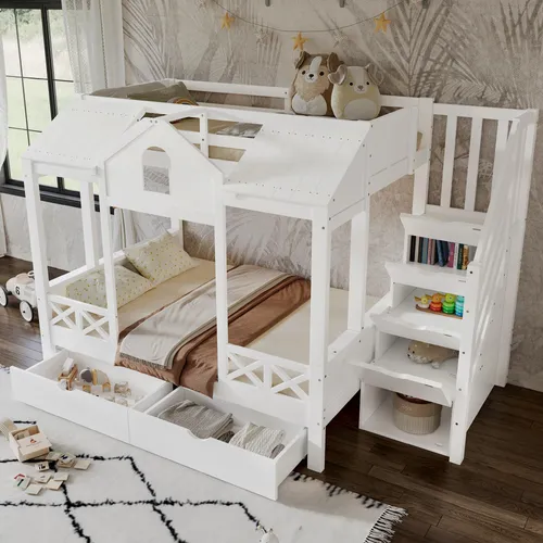 Etagenbett 90x200cm/140x200cm mit Treppe und Stauraum - Praktisches Etagenbett für Kinder und Jugendliche mit zwei Liegeflächen, Stauraum und sicherem Rausfallschutz. Ideal für kleine Zimmer und platzsparend!