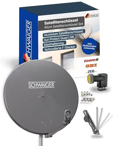 SCHWAIGER 4609 SAT-Anlage Aluminium XXL - Komplettset für 4 Teilnehmer - SAT-Antenne mit 88 cm Durchmesser, wetterfestem Quad LNB und einfacher Montage, ideal für den Empfang von freien und verschlüsselten TV-Programmen.