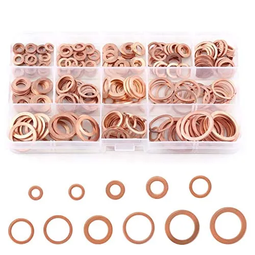 KINDPMA 300 Stück Kupferdichtringe Kupfer Flach Unterlegscheiben Kupfer Dichtung M5-M16 Kupferring Sealing Ring Flache Dichtring Sortiment Kit mit Box für Schrauben Verbindungselemente (11 Größen)