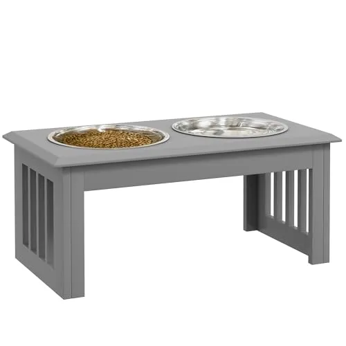 PawHut Erhöhter Hundenapf mit Edelstahlnäpfen - Näpfe für komfortables Fressen, mit 2 Edelstahl-Näpfen und pflegeleichter MDF-Unterlage, ideal für gesunde Haltung beim Fressen