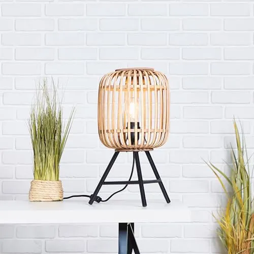 Lightbox Tischlampe - dekorative Tischleuchte im Nature-Style mit Schalter - Metall/Rattan Hellbraun - 41cm Höhe