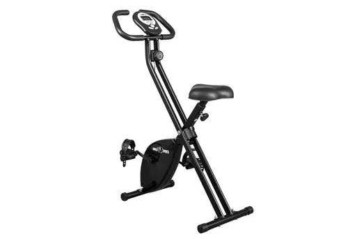 GORILLA SPORTS Heimtrainer - Klappbares F-Bike mit verstellbarem Sitz - Fahrradergometer mit innovativem X-Rahmen, platzsparend und ideal für kleine Wohnungen. Maximale Belastung von 100 kg und 8 Widerstandsstufen für individuelles Training.