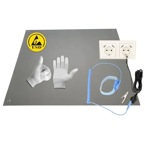 Minadax 60 x 30cm GRAU Antistatik ESD Computer Matte Tischmatte „Premiumqualität“ inkl. Manschette + 2,4m Verlängerung + ESD Handschuhe GR-L