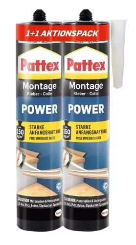 Pattex Montagekleber Power, 2 x 370 g – Starker Kleber für saugende Untergründe - Baumaterial – Der Pattex Montagekleber Power bietet hohe Anfangshaftung und starke Klebkraft, ideal für Dekor- und Dämmplatten sowie keramische Fliesen. Vielseitig einsetzbar innen und außen!