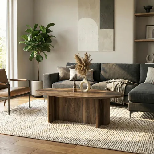 Couchtisch Luminous Walnuss 120x60 cm - Moderner ovaler Couchtisch aus brauner Spanplatte, ideal für stilvolle Wohnräume. Mit stabiler Konstruktion und eleganter Optik ist er der perfekte Blickfang für Ihr Zuhause.