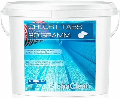 GlobaClean Chlortabs 20g langsamlöslich - 5kg - Langzeitdesinfektion für kleine Pools ab 2000l - Sehr hoher Aktivchlorgehalt