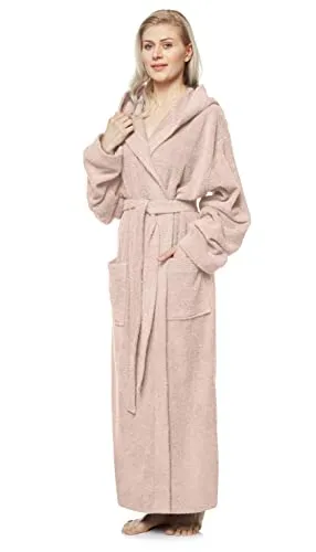 Arus Damenbademantel mit Kapuze, knöchellang, Baumwolle, XL-XXL Lang, Altrosa