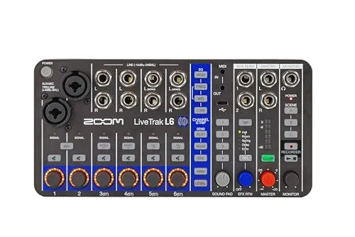 Zoom LiveTrak L6 Digital Mixer/Recorder, Batteriebetrieben, 32-Bit Float, 10-Kanal, 2 Combo + 4 Stereo-Eingänge, MIDI, Effekte, Soundpads, 3-Band EQ, Audio-Interface, für Musik & Streaming