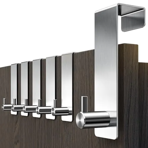 Menz Türhaken - 6 Stück Edelstahl Türhaken zum Einhängen - Türhaken aus Edelstahl, rostfrei und wasserfest. Ideal als flexible Türgarderobe mit hoher Tragkraft von 10 kg pro Haken, einfach ohne Bohren anzubringen.