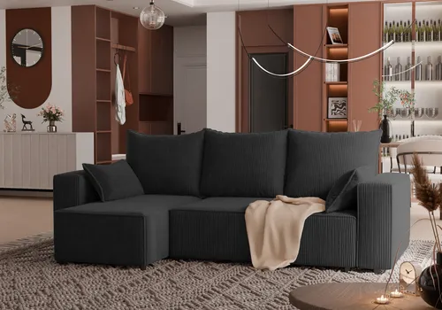 4ALLHOME Ecksofa Cordi mit Schlaffunktion, Couch, Sofa mit Bettkasten, Cord, Eckcouch, L-Form Poso 135 Schwarz