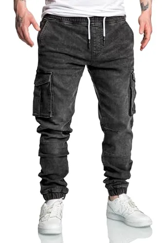 Amaci&Sons Herren Sweathose Stretch Denim Cargo Jogging Jeans 7024 Schwarz W32 - Modische Herren Cargo Jogging Jeans aus Stretch Denim, ideal für den Alltag. Bequemer Schnitt und trendiges Design für lässige Looks.