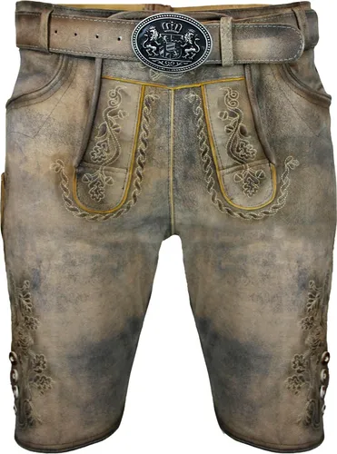 Maddox Trachtenlederhose Horn Herren - Bayerische Lederhose für Oktoberfest - Stilvolle Trachtenlederhose aus 100% Leder, ideal für das Oktoberfest. Strapazierfähig und mit Gürtelschlaufen für einen perfekten Sitz. Größe 46, knielang und in klassischem Grau.