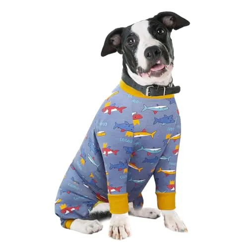 Hunde-Rehabilitationsanzug nach Operationen, weiche, langärmelige Hunde-Neuter-Shirt, konische Alternativen, verhindert Lecken, chirurgische Einteiler für große und mittelgroße (2XL, Hai)