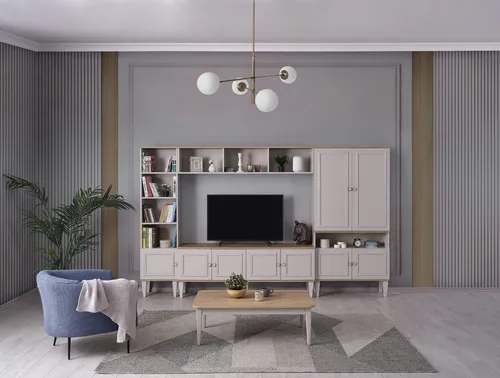 Moderne Wohnwand Grau mit TV-Ständer und Regalen - Stylische Wohnwand in Grau, ideal für Ihr Wohnzimmer. Aus hochwertigem Holzfurnier und MDF gefertigt, bietet sie viel Stauraum und setzt moderne Akzente. Maße: 315 x 35 x 199 cm.