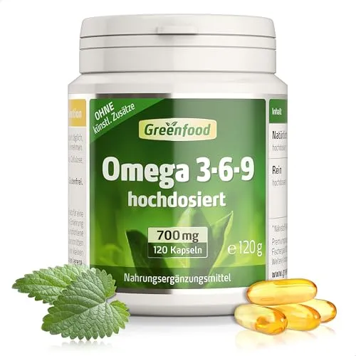 Omega 3,6,9, hochdosiert, 700mg - 120 Kapseln (Softgel). Reich an EPA, DHA - Trägt zu Herz, Blutdruck und Cholesterinspiegel bei. - Im Labor getestet. Von Greenfood.