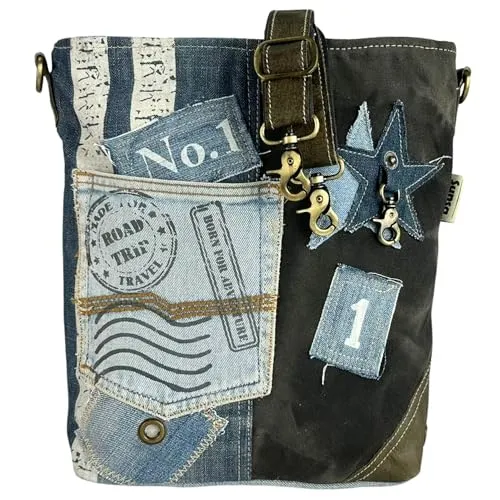 Sunsa Damen Tasche - Nachhaltige Umhängetasche aus recycelten Materialien - Umhängetasche aus recycelten Jeans, Canvas & Leder. Praktisch, robust und ein Unikat im Vintage Stil - perfekt für jeden Anlass!
